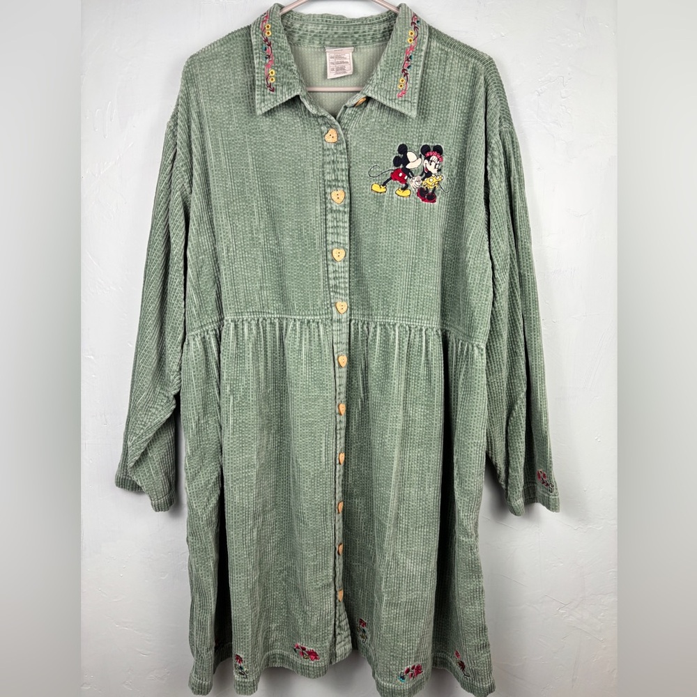Vintage Disney Y2K 90s Green Corduroy Shirt Dress, Mickey & Minnie Embroidery